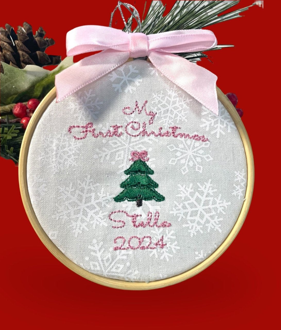 Coquette Bow Tree Embroidered Baby Ornament