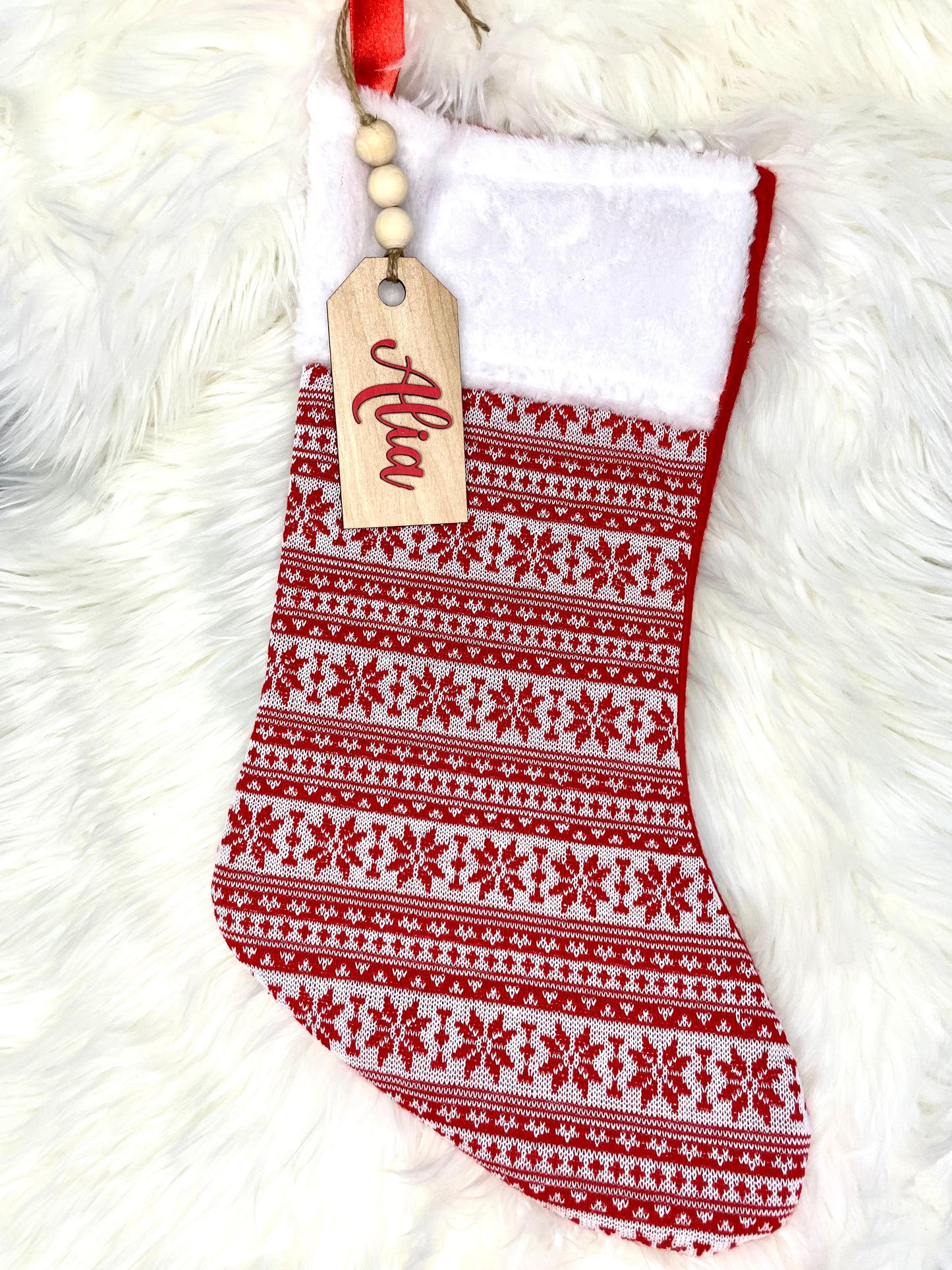 Wooden stocking tag with beads