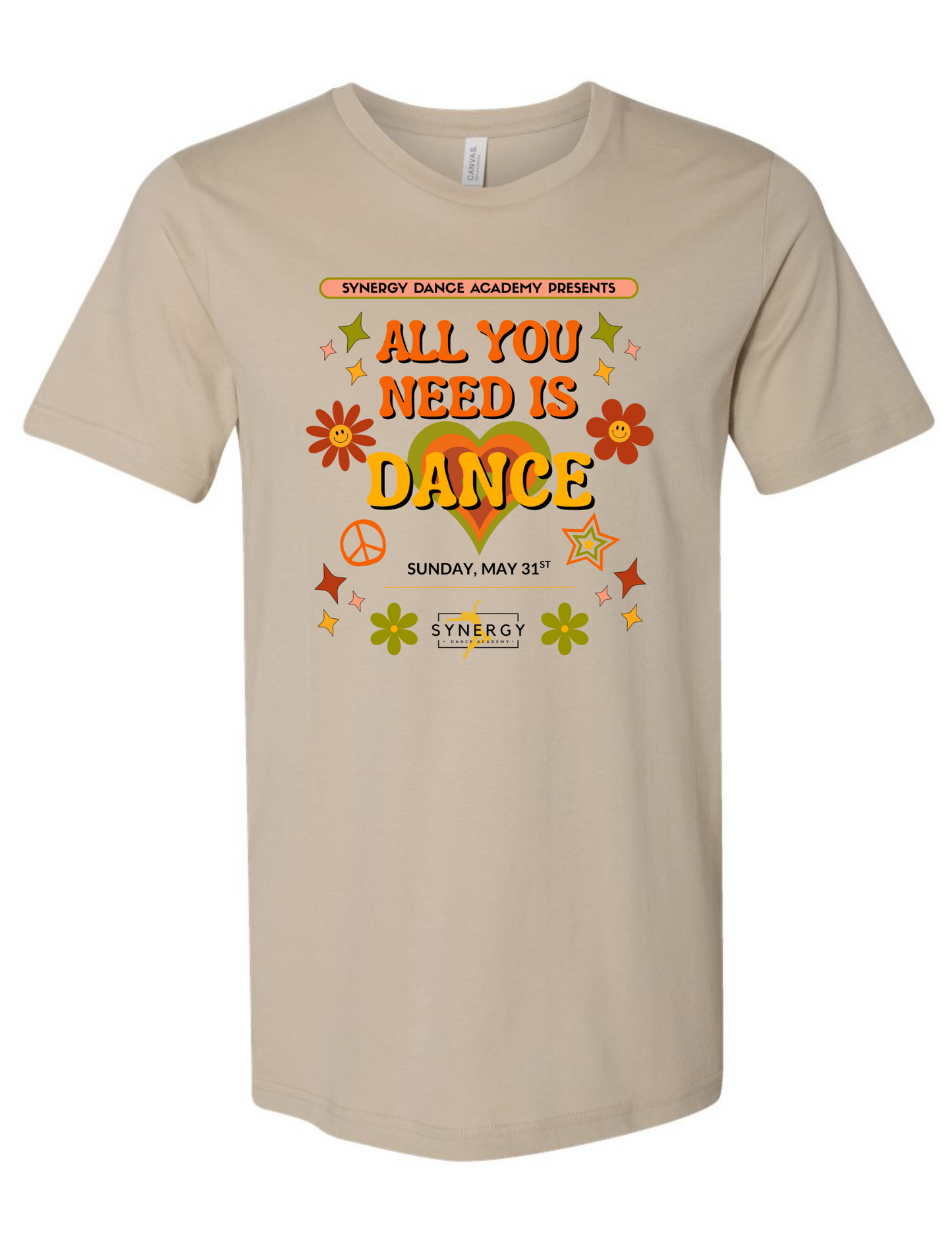 Beige t-shirt with colorful graphic and text on a white background