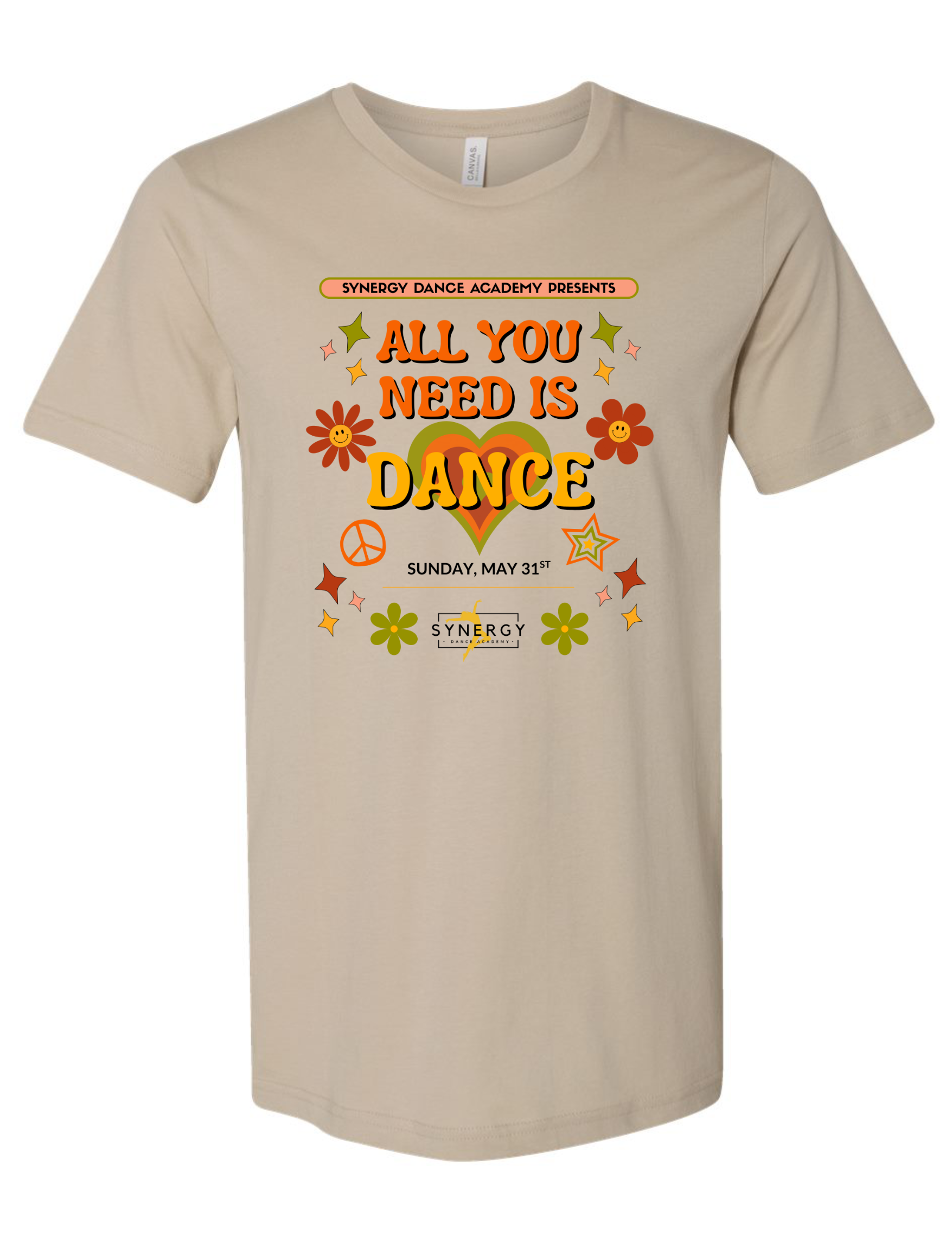 Beige t-shirt with colorful graphic and text on a white background