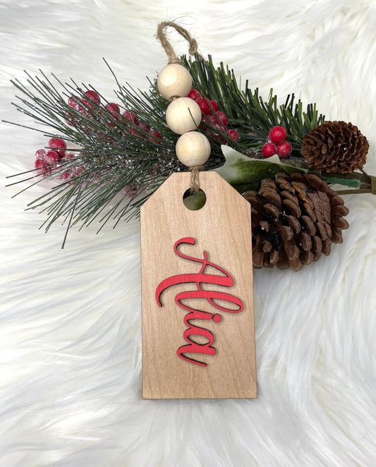 Wooden stocking tag with beads